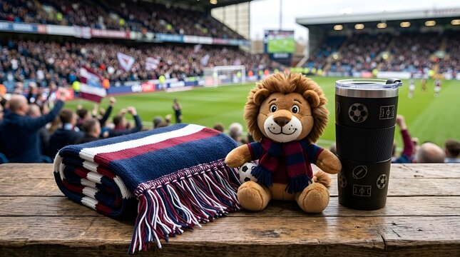 Stuffed Lion Mascot, Team Scarf, and Tumbler with Football Stadium Background