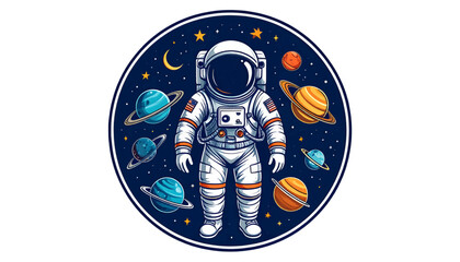 Astronaut surrounded by planets and stars in outer space. © Ridwan