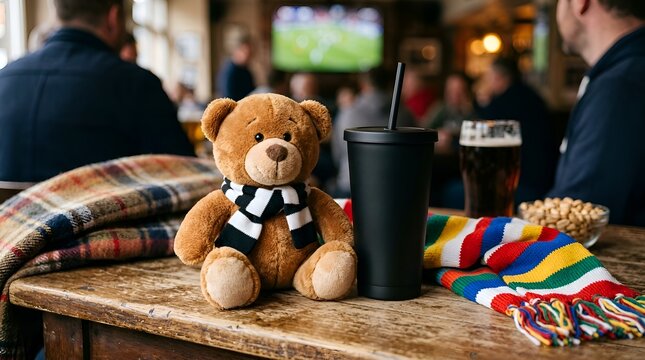 Teddy Bear and Scarf in Pub Watching Football Match