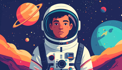 Young astronaut in a spacesuit looking forward in outer space. © Ridwan