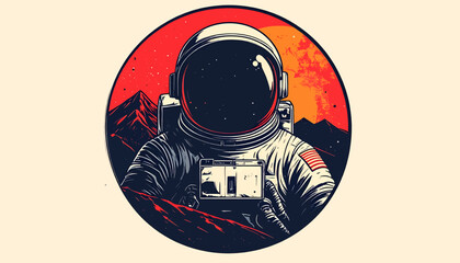 Astronaut in a spacesuit on an alien planet with mountains and a red sun. © Ridwan