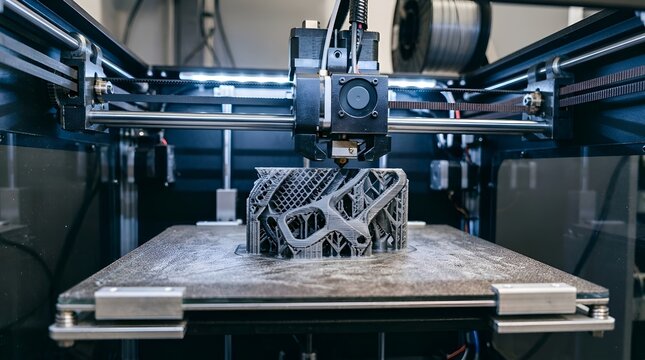 Close-up of 3D printer creating complex object, technology, innovation
