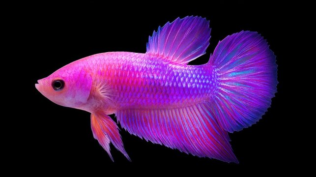 Vibrant Pink and Purple Betta Fish Swimming Gracefully Against Black Background in Studio Lighting