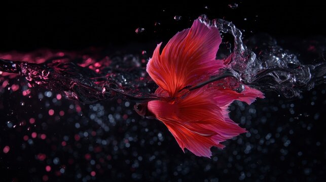 Vibrant Pink Flower Splashes in Water with Dramatic Lighting and Bokeh Effect Creating an Eye-Catching Visual Scene