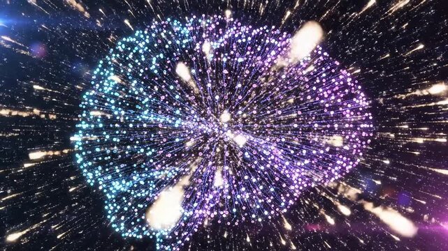 Abstract glowing brain formed from colorful particles exploding outwards, representing artificial intelligence and neural network activity, digital consciousness, data flow