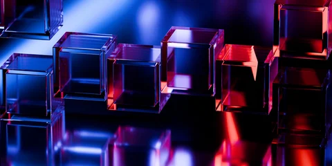 Cyber elements made of transparent glass and liquid acrylic purple blue glow on black backdrop cinematic tech background design cover art visuals 3d rendering © IM_VISUALS