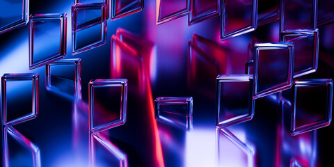 Cyber elements made of transparent glass and liquid acrylic purple blue glow on black backdrop cinematic tech background design cover art visuals 3d rendering © IM_VISUALS