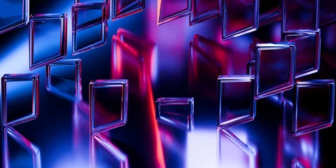 Cyber elements made of transparent glass and liquid acrylic purple blue glow on black backdrop cinematic tech background design cover art visuals 3d rendering © IM_VISUALS