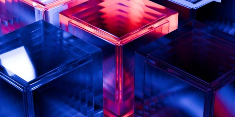 Cyber elements made of transparent glass and liquid acrylic purple blue glow on black backdrop cinematic tech background design cover art visuals 3d rendering © IM_VISUALS