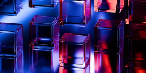 Cyber elements made of transparent glass and liquid acrylic purple blue glow on black backdrop cinematic tech background design cover art visuals 3d rendering © IM_VISUALS