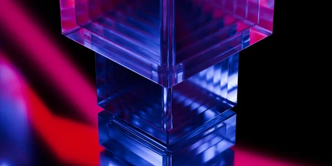 Cyber elements made of transparent glass and liquid acrylic purple blue glow on black backdrop cinematic tech background design cover art visuals 3d rendering © IM_VISUALS