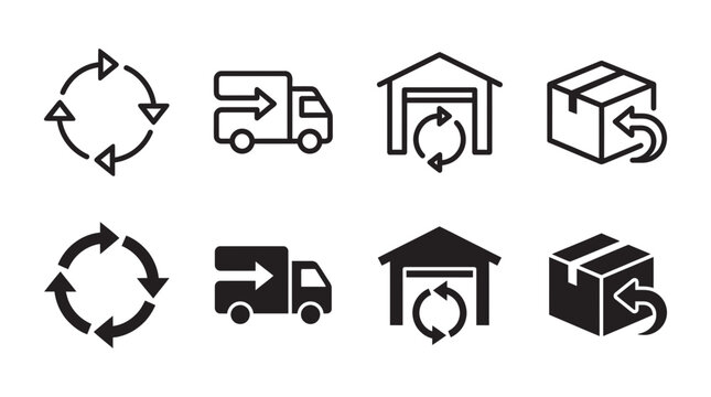 Logistics and supply chain return process icons with logistics shipping delivery warehouse transport distribution