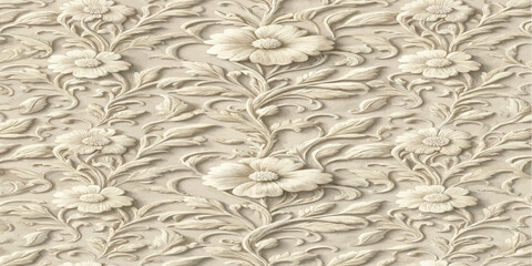 Vertical beige floral stone relief wall pattern with sculpture ornament botanical architectural decoration detailed interior material backdrop © Manjur
