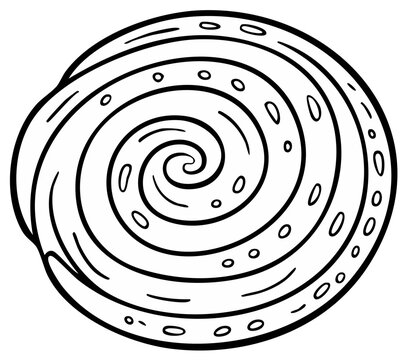 Whimsical black and white seashell illustration featuring spiral pattern with circle accents for coloring page or creative design