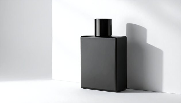 A stark, minimalist composition features a matte black, rectangular fragrance bottle against a bright, angular white backdrop. Light and shadow interplay