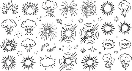 Hand drawn doodle style explosion and fireworks icons vector set with comic blast and smoke clouds © MDBABULU