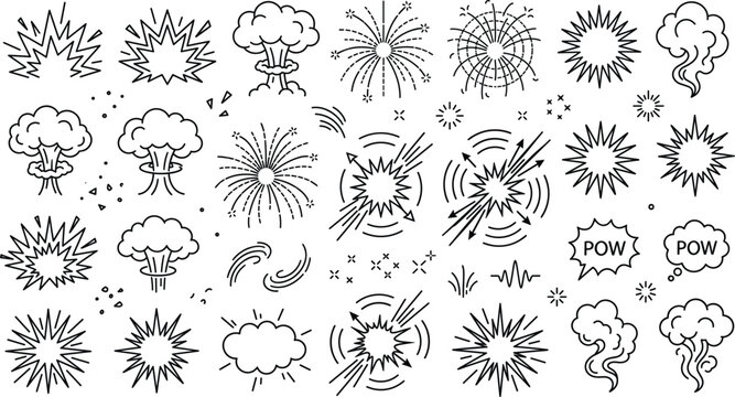 Hand drawn doodle style explosion and fireworks icons vector set with comic blast and smoke clouds