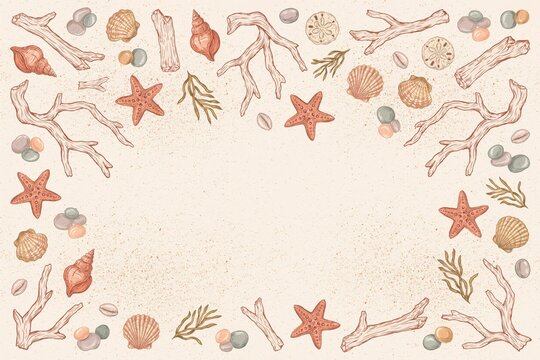 Decorative frame border made of seashells, starfish, coral branches, and pebbles on a sandy beach background, with empty central, copy space