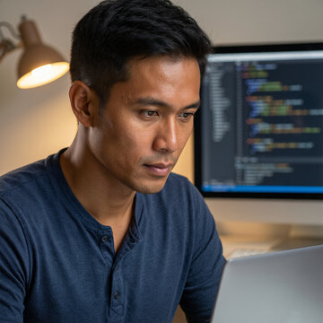 East Asian male and female software engineers pair-programming at shared computer monitor in neutral-toned modern office, focused concentrated expressions, bonsai plant and ceramic mug on desk, soft d
