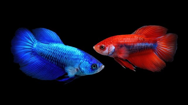 Colorful Betta Fish in Stunning Blue and Red Display Swimming Gracefully Against a Black Background