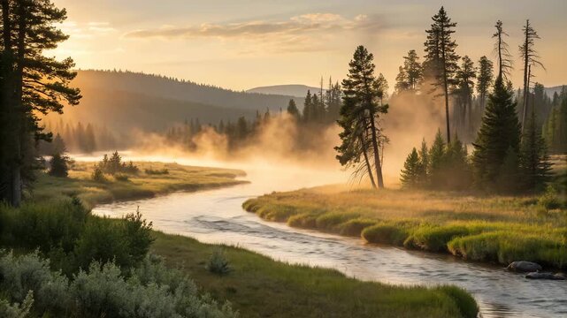 Serene river winding through misty forest at sunrise with golden light and gentle camera drift