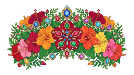 Ornate hibiscus flower tiara with colorful gemstones and gold filigree © Maya