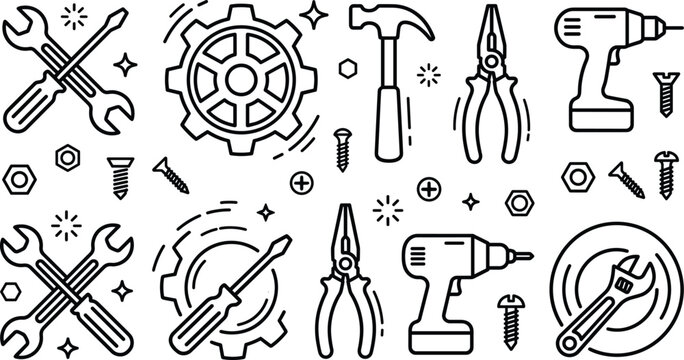 Hand drawn doodle style repair tools icons vector set with wrench screwdriver hammer drill and gears