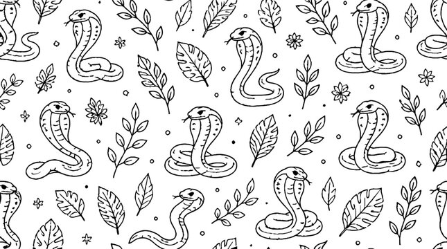 Intricate black and white snake and foliage pattern design.