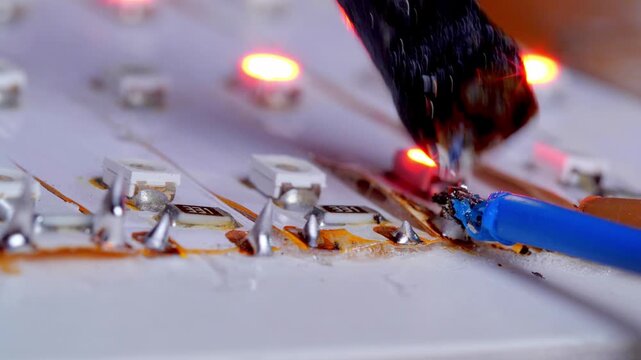 Closeup of Soldering Iron Broken Capacitor from Motherboard. Hardware Engineer Detaches Electronic Component from Circuit Path. Macro Workshop Laboratory Maintenance and Precision Repair 4k