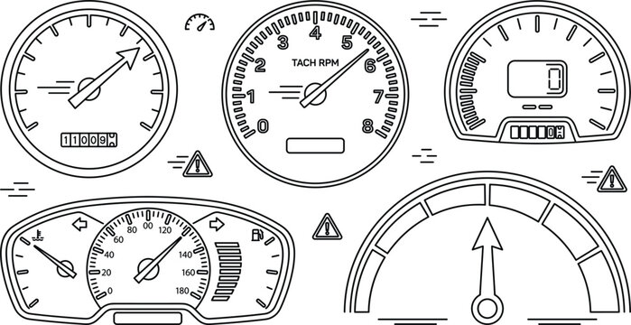Hand drawn doodle style speedometer gauge icons vector set with car dashboard tachometer and odometer elements