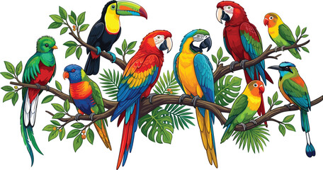 Obraz premium Collection of colorful tropical birds sitting on branches vector illustrationCollection of colorful tropical birds sitting on branches vector illustration