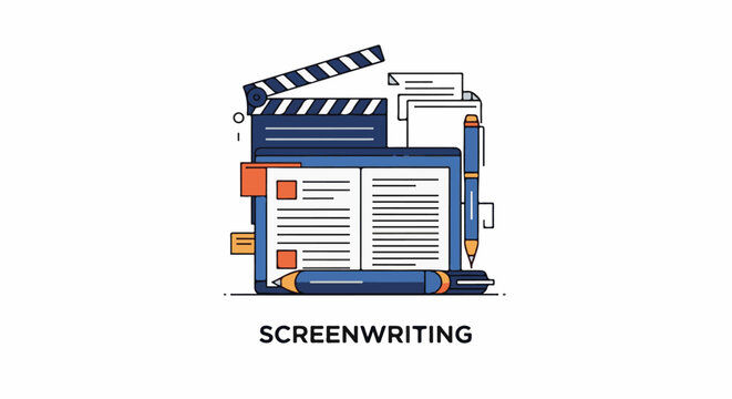 Illustration of screenwriting concept with clapper board, papers, and pencils