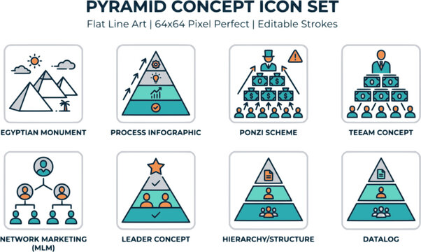 Pyramid flat line icon set. Egyptian monument, abstract process infographic, ponzi scheme, network marketing, leader concept vector illustrations, outline signs. Pixel perfect 64x64. Editable Strokes