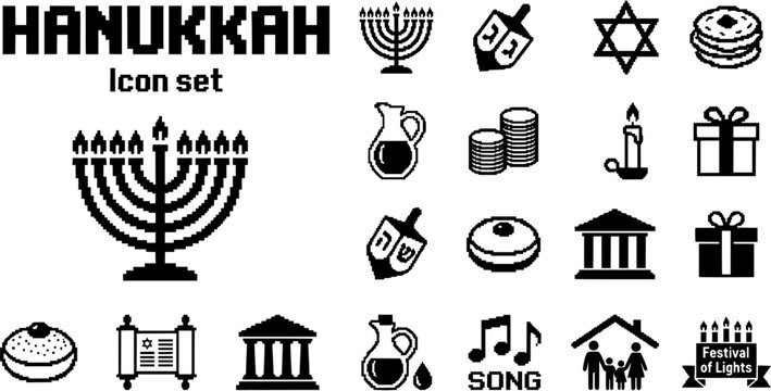 Hanukkah Icon Set Menorah Candles Dreidel Star of David Latkes Oil Jug Gelt Coins Shamash Sufganiyot Jewish Festival Lights Vector Illustration