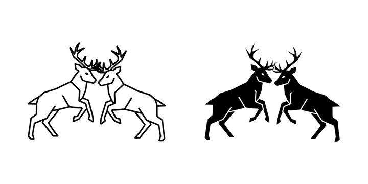 Two jumping geometric deer facing each other in line art and silhouette with geometric minimalist wildlife silhouette illustration creature movement