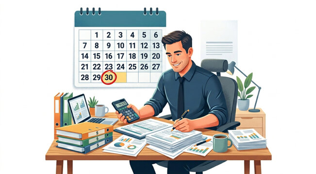 A professional illustration of End of Financial Year (EOFY) tax season, featuring a man managing financial documents, calculator, and tax reports on a June 30 calendar background