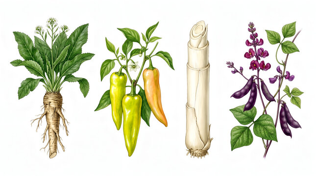 Horseradish Hungarian Wax Pepper Heart of Palm Hyacinth Beans Vegetable Collection Isolated On White Background