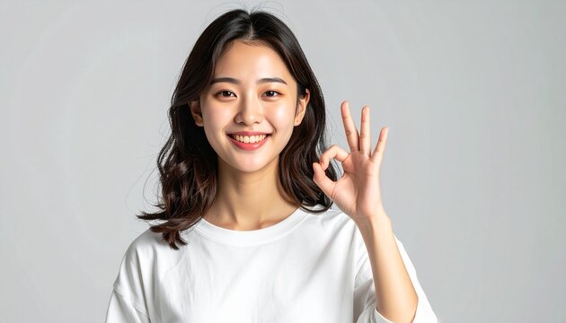 OKサインを見せて笑顔を見せる白いTシャツの若い女性