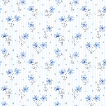 seamless floral pattern, hand painted flowers in small decorative flower, soft blue daisy floral on stripe pattern. French country floral style. Surface pattern design for Fabric print, textile