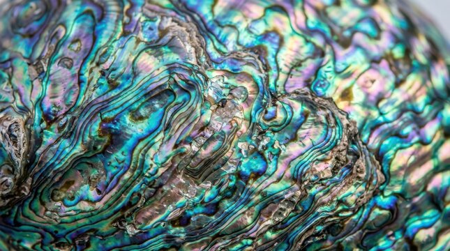 Macro Close Up of Iridescent Abalone Shell Texture Showing Mother of Pearl Nacre Patterns for Luxury Backgrounds and Jewelry Design Concepts