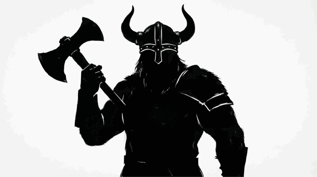 Viking warrior silhouette holding axe with fierce expression on blank background