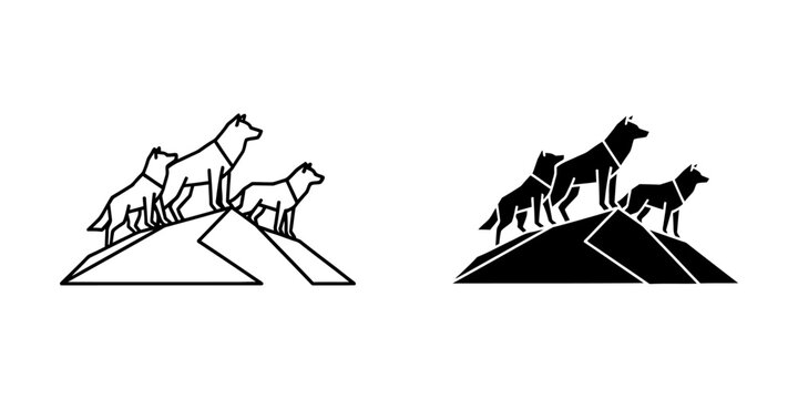 Minimalist pack of wolves standing on mountain peaks icon with mountain silhouette minimalist wilderness predator landscape adventure illustration