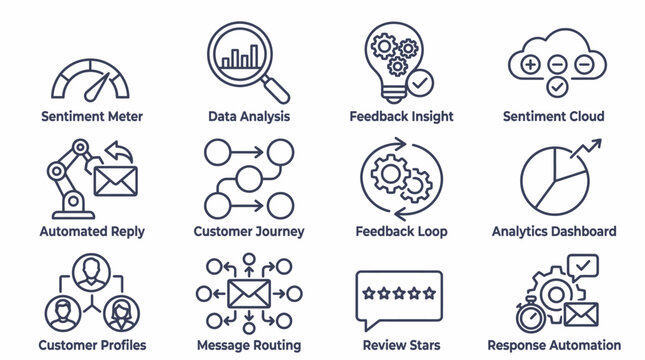 Collection of customer service and feedback icons including sentiment meter, data analysis, feedback insight, and more