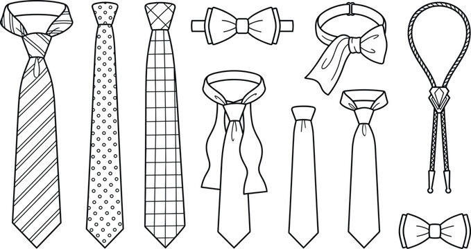 Necktie and bowtie line icon set featuring formal menswear neckwear accessories like bolo tie