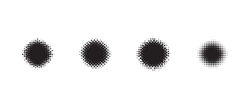 Vector set of circular halftone dots in black for grunge texture and graphic design effects