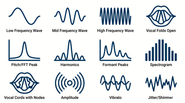Collection of various audio waveform and vocal anatomy graphics for sound analysis and voice studies