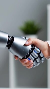 Human hand meets robotic hand in quiet futuristic gesture