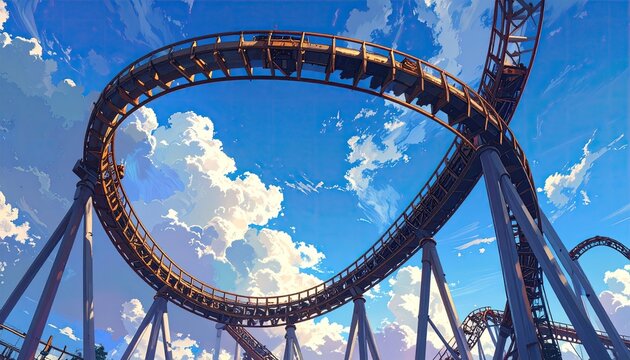 Thrilling Roller Coaster Loop Against a Vibrant Blue Sky with Fluffy Clouds.