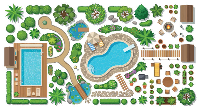 Summer Landscape Vector Illustration With Pool And Garden Elements