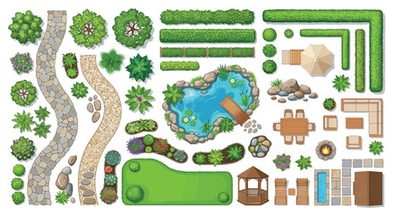 Garden Elements Vector Illustration With Top Down Perspective On White Background © Sumon